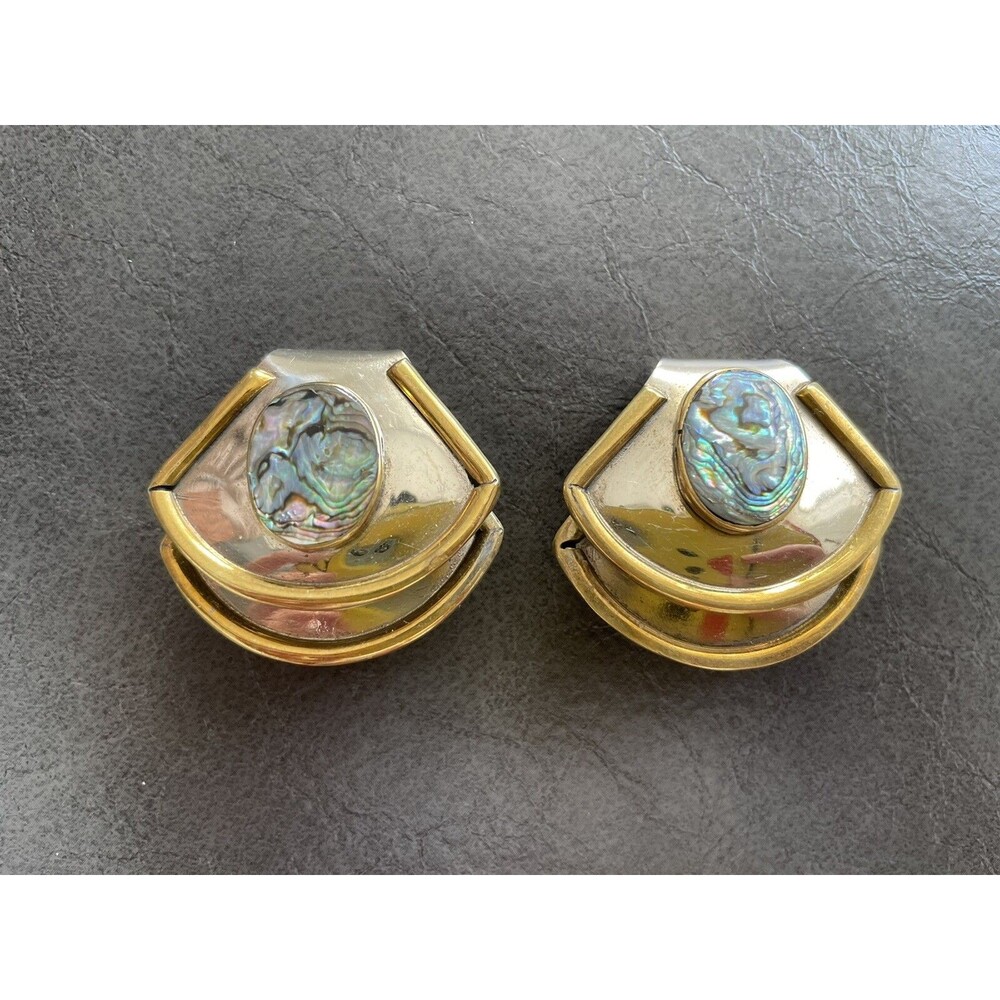 Vintage Chrome & Brass Clip On Stud Earrings Abalone Shell Center 1⅜" Statement